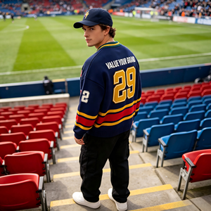 เสื้อจั๊มเปอร์ถักผ้าฝ้ายเนื้อหนา ปักอักษรโลโก้ตามสั่ง ลายทางตัดกัน คอวี ทันสมัย สไตล์ลำลอง สำหรับสโมสรกีฬา - Product Image 2