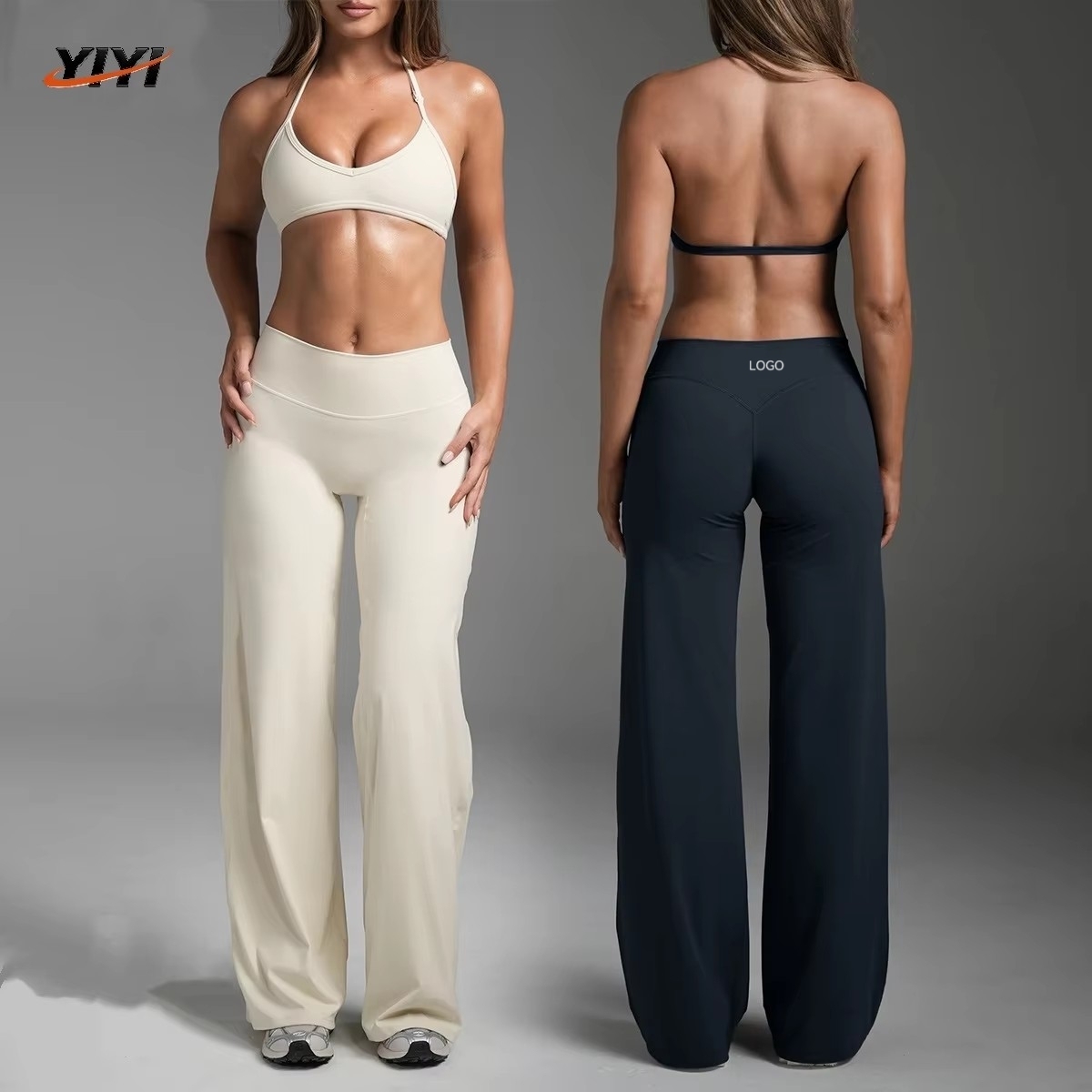 Summer Breathable For Solid 2-Piece Sports Underwear Set For Yoga Fitness Wrinkle-Resistant Hanging Neck Beauty Back Design