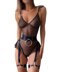 ชุดชั้นในลูกไม้เซ็กซี่คอวีลึกเซ็กซี่สำหรับผู้หญิงบอดี้สูทลายจุดสีดำ - Product Image 4