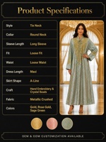 Robes de soirée musulmanes à manches longues, broderies à la main, perles de cristal, coupe ample, col à nouer, robe de banquet pour femmes pour la fête de l'Aïd