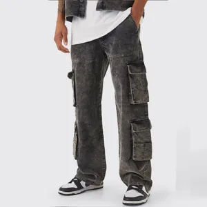 Personalizado 100% algodón ajuste relajado cintura elástica PANA holgado multi bolsillo ácido lavado cordón cargo pantalones para hombre