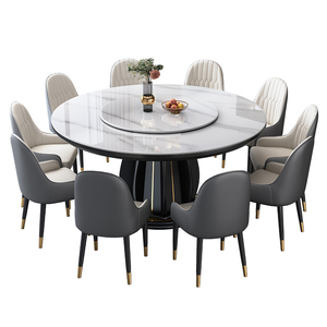 Table à manger ronde design avec plateau en pierre durable et base en bois avec accent en acier <span class=keywords><strong>plaqué</strong></span> or pour un mobilier de maison moderne - Product Image 5