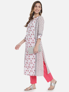 Ensemble Kurti pour femme en coton à imprimé floral fait main, avec bordure contrastante, manches trois quarts, coupe classique, robe de soirée - Product Image 3