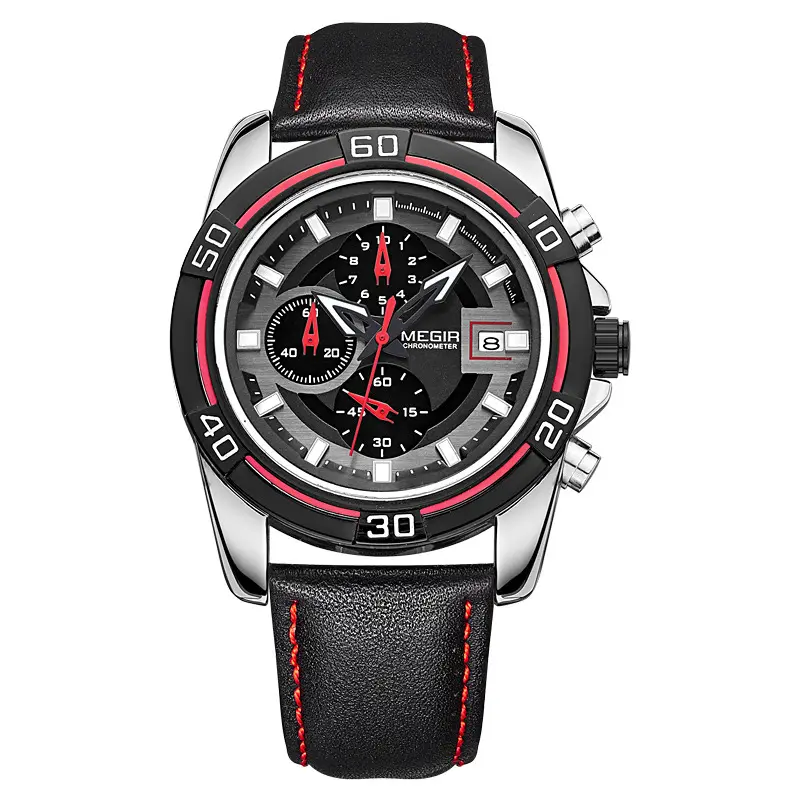 MEGIR 2023 new arrival mens shenzhen hour watch 2019 Genuine Leather Strap 3 dials chronometer all type sports watch supplier
