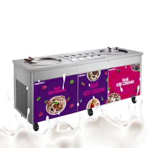 Máquina de rollos de helado, máquina de helado para freír sartén plana doble tailandesa, máquina de helado duro de acero inoxidable