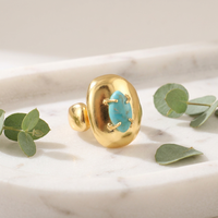 Bague ajustable en laiton massif plaqué or avec pierre précieuse en turquoise Kingman naturelle, forme marquise, bijoux personnalisés en gros