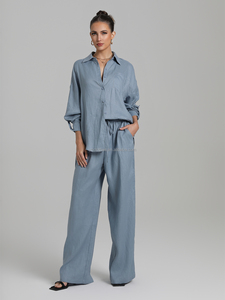 Abito di <span class=keywords><strong>lino</strong></span> da <span class=keywords><strong>donna</strong></span> alla moda blusa di <span class=keywords><strong>lino</strong></span> 100% pantaloni Casual temperamento semplice traspirante top protezione solare maniche solide - Product Image 5