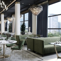 Conception d'intérieur moderne pour café-bar, mobilier de restaurant et décoration pour une solution tout-en-un, fournie par Restaurant Resort.
