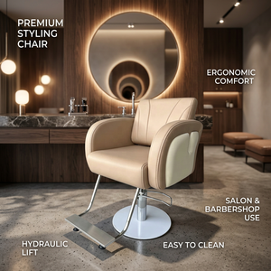 Sillón de Peluquería Hidráulico Moderno Beige de Dos Tonos, Silla de Estilista Minimalista de Cuero para Salón de Belleza - Product Image 1
