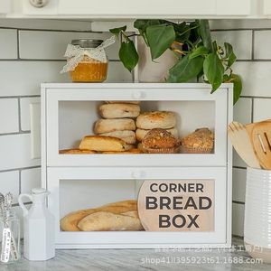 Corner Bread Box Double Layer Wood <b>Storage</b> <b>Kitchen</b> Countertop Display White Solid Color Baking Pastry Organizer - Product Image 1