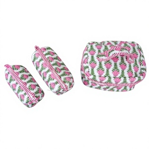 Ensemble de trousses de toilette pour femmes en coton durable, écologiques, à rayures, imprimées à la main, avec fermeture éclair - Product Image 1