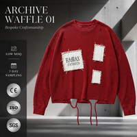 Chemise à manches longues en tricot gaufré RAMAX, style patchwork déchiré, grunge, streetwear Y2K, rouge, pour homme, coupe ample, vente en gros, personnalisable