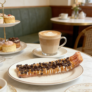 Modelo de Churro Español de Plástico Realista de 9.5 Pulgadas, Accesorio Artificial <span class=keywords><strong>para</strong></span> Postres, Ecológico, con Chispas de Chocolate, <span class=keywords><strong>Caramelo</strong></span> y Salsas Blancas - Product Image 5