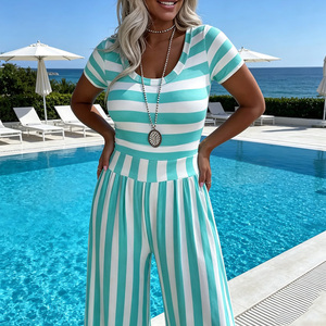 Combinaison à rayures pour femmes, coupe large, manches courtes, col en V, tenue décontractée d'été, vêtements de plage - Product Image 4