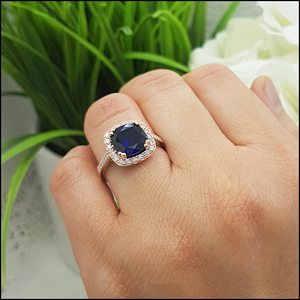 SGARIT Women's 14K Solid Gold <b>Cushion</b> Cut LAB Sapphire <b>Ring</b> Pave Setting Rose Gold Plated Classic Style Gemstone Engagement <b>Ring</b> - Product Image 4