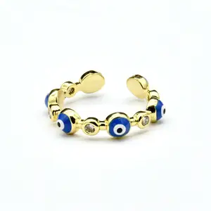 Nieuw Binnen Goud Kleur Plating Blauw Email Ronde Ogen Combinatie Metalen Open Ringen Voor Mode Vrouwen Sieraden