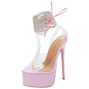 Sandales à plateforme épaisse pour femmes, talons hauts fins, chaussures à bout ouvert, dessus en PVC, lacets à la cheville, escarpins de danseuse de boîte de nuit - Product Image 6