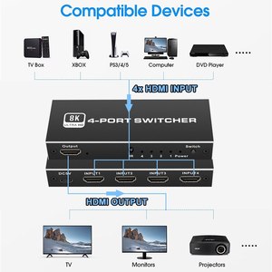 อะแดปเตอร์ตัวแยกสัญญาณ4พอร์ต,ตัวสลับสัญญาณ8K @ 60Hz รองรับ <span class=keywords><strong>HDMI</strong></span> 2.1 <span class=keywords><strong>Switch</strong></span> <span class=keywords><strong>4K</strong></span> <span class=keywords><strong>120HZ</strong></span> 4 In 1 Out HD <span class=keywords><strong>HDR</strong></span> - Product Image 3