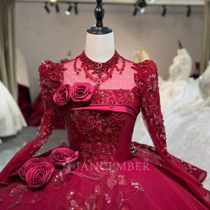 Robe de bal rouge à manches longues Xs263, robe de mariée moderne avec appliques de perles de cristal, dos nu, pour occasions spéciales - Product Image 3