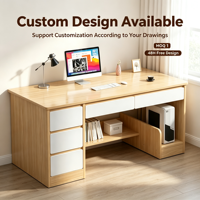 Bureau d'ordinateur en bois clair personnalisé avec tiroirs blancs sans poignées, étagère ouverte, support pour processeur, table d'écriture pour bureau à domicile
