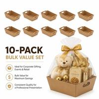 Kit d'emballage de paniers-cadeaux écologiques en gros, plateau en kraft brun personnalisé avec logo d'usine, sac transparent et nœud doré