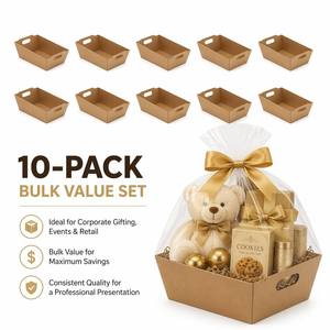 Wholesale Eco Friendly Gift <strong>Basket</strong> Packaging <strong>Kit</strong> Factory Custom Logo Brown Kraft Tray with Clear Bag Gold Bow - Product Image 2