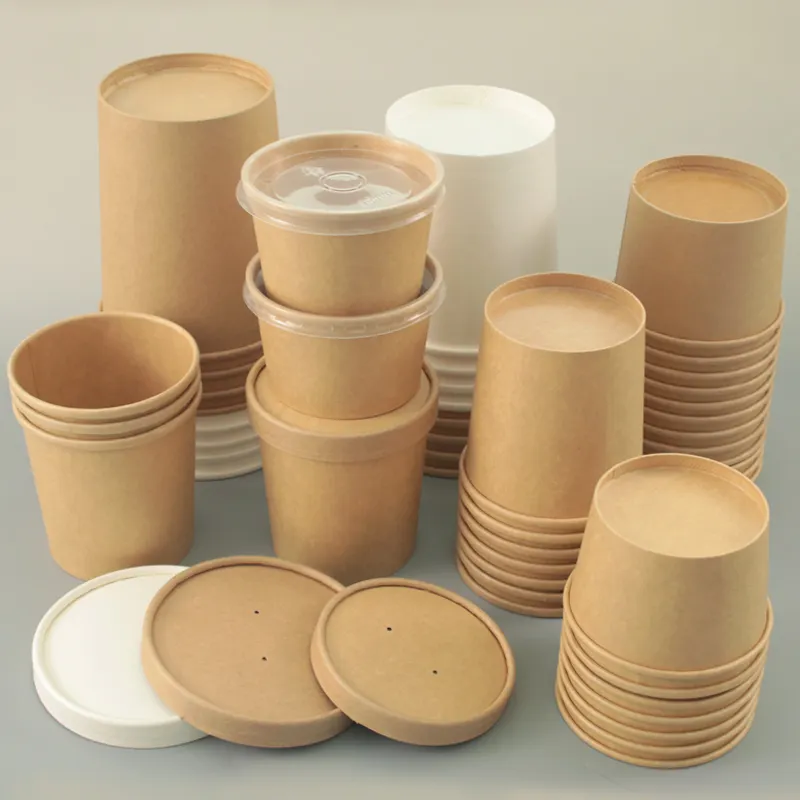 Biodegradable Disposable 26 32oz Double Poly-coated White Kraft Paper Hot Soup Cup Bowl Food Cup With Vented Paper Lid