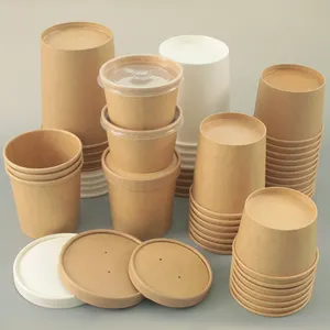 Biodegradable Disposable 26 32oz Double Poly-coated White Kraft Paper Hot Soup Cup Bowl Food Cup With Vented Paper Lid