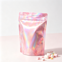 Sacs d'emballage holographiques biodégradables imprimés sur mesure, sacs à fond plat avec fermeture éclair réutilisable et encoche de déchirement pour bonbons, snacks et noix