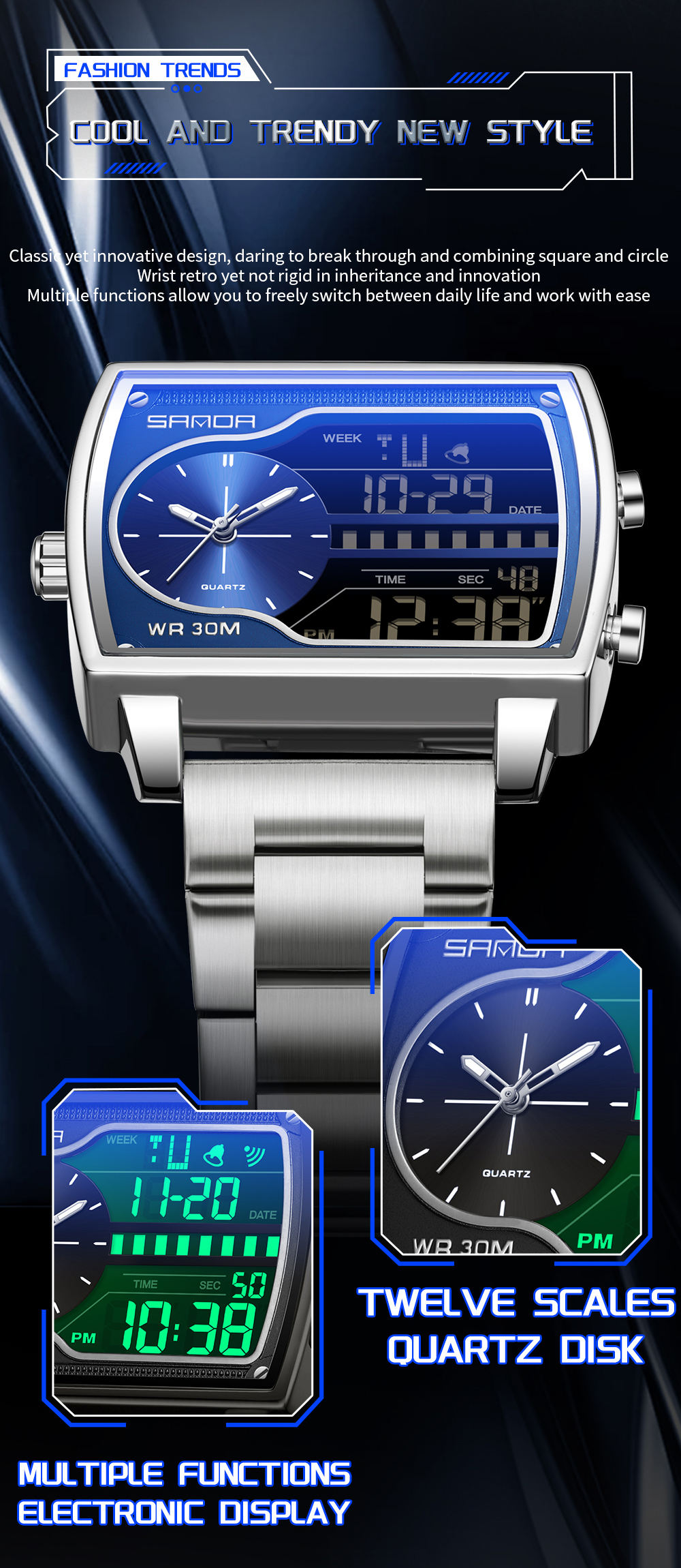 Sanda 6163 Quartz Countdown Stylish Functional Watch