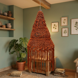 Handmade Bohemian Woven Fabric Pendant Lampshade Macrame Hanging <b>Light</b> Cover Cone Draped Home Decor - Product Image 3