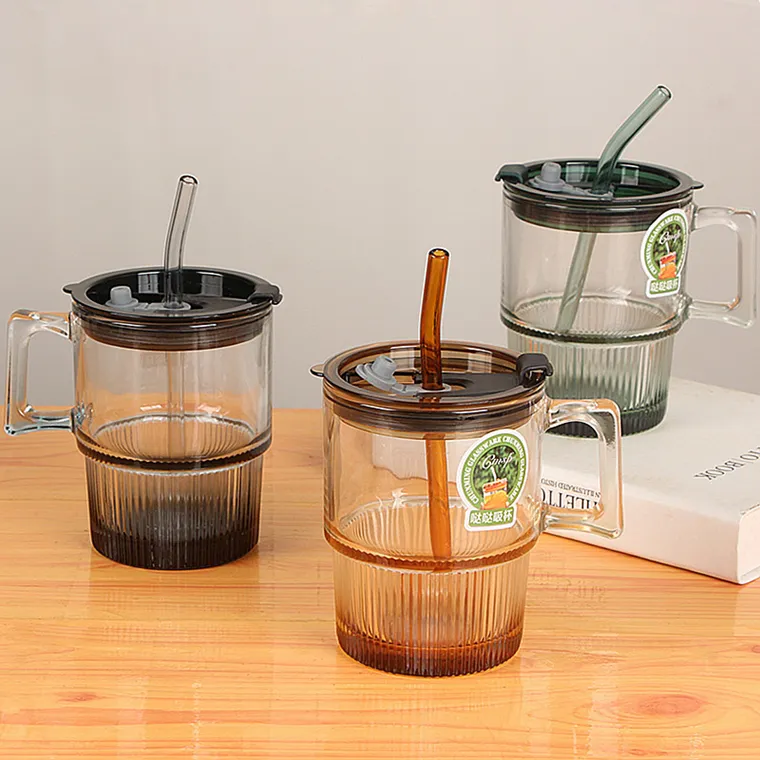 Cangkir kopi, sedotan kaca warna-warni, cangkir serbaguna dengan sedotan, cangkir kopi es dengan sedotan