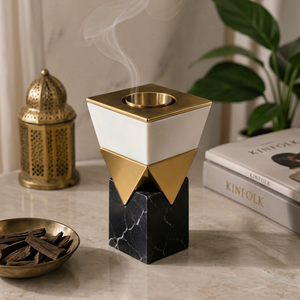 Luxury Geometric Marble And Metal <b>Bakhoor</b> Burner Incense <b>Oud</b> Dhoop Holder For Home Decor And Gifting - Product Image 1