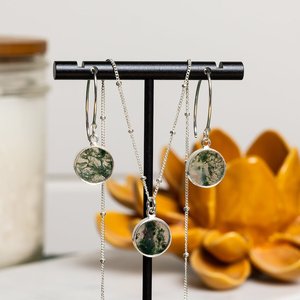 Moss Agate Jewelry Set Sterling Silver Circle Pendant Necklace Matching Dangle <b>Earrings</b> Handmade Gift For Women - Product Image 1