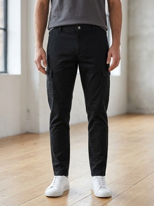 Men's Lightweight Stretch Cotton Canvas <b>Cargo</b> <b>Pants</b> Slim Tapered Flat Front Mid Rise <b>Elastic</b> <b>Waist</b> Casual Streetwear - Product Image 2