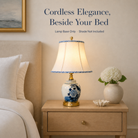 Lampe de table sans fil rechargeable en porcelaine bleue et blanche de style chinoiserie moderne pour la chambre à coucher, le salon, la décoration de chevet