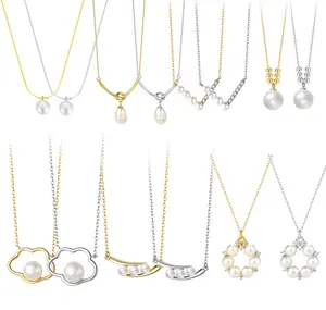 Collar de Plata de Ley 925, Joyería para Mujer, Collar de Perlas de Plata, Chapado en Oro de 18K, Collar de Cadena con Diamantes de Circonio, Regalo para Mujer o Chica - Product Image 1