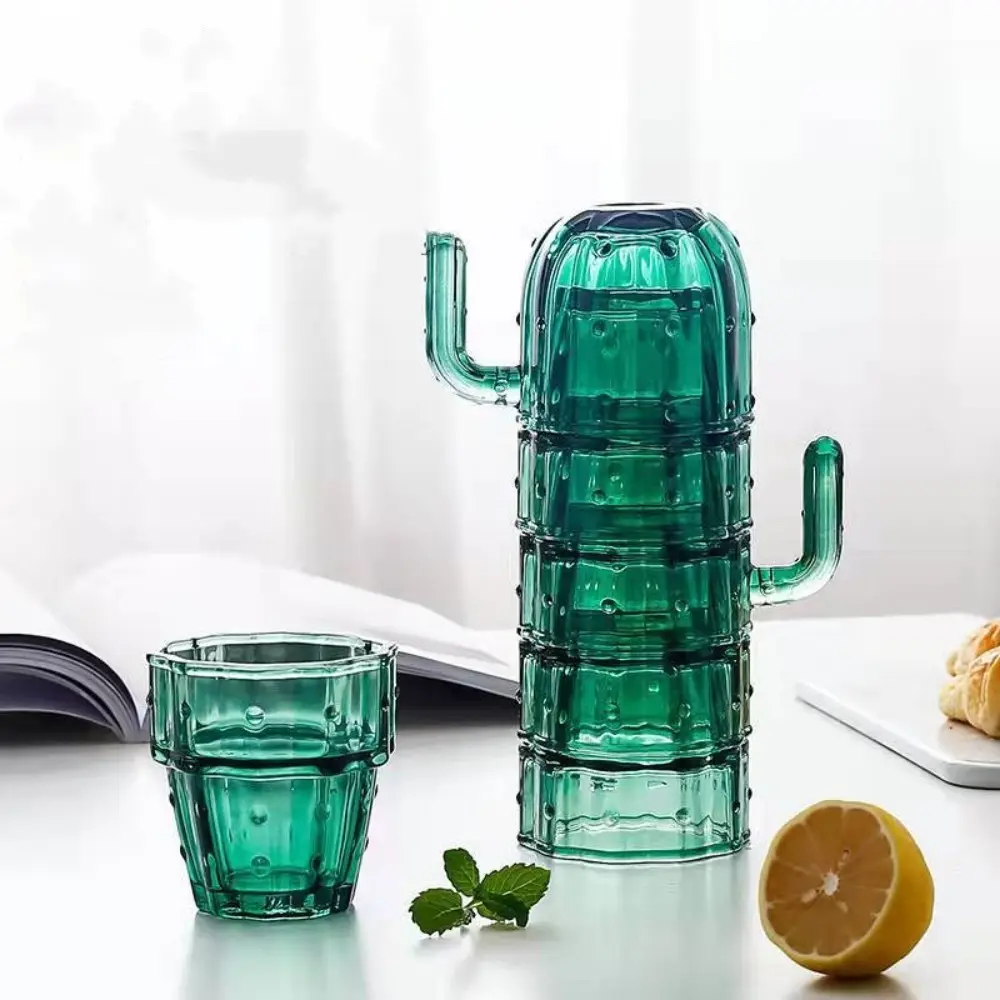 Juego de 6 vasos de vidrio para beber de Cactus apilables, vasos de vidrio de color verde Vintage de 220ml para vino, bebidas, agua, café, jugo