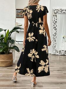 Vestido midi de verano para mujer con cuello en V, manga casquillo, estampado floral, cinturón y corte en A, estilo casual cruzado - Product Image 4