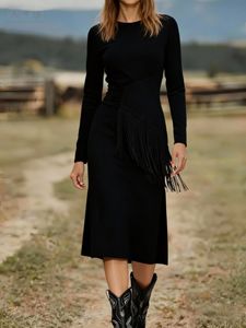 Abito Vintage da Donna Stile Western, Aderente, Collo Tondo, <span class=keywords><strong>Maniche</strong></span> <span class=keywords><strong>Lunghe</strong></span>, con Frange, in Camoscio Antistatico, Lunghezza Media, Vita Impero - Product Image 5