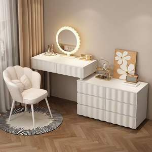 Modern Minimalist Dressing <b>Table</b> With Lighted Mirror Extendable Vanity Storage Cabinet Bedroom <b>Makeup</b> Desk White - Product Image 2