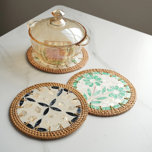 Salvamanteles Redondo Moderno de Ratán Ecológico Hecho a Mano con Mosaico de Concha de Nácar, Diámetro Personalizado, Logotipo, Precio Económico, Vietnam - Product Image 6
