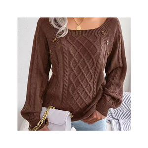 Élégant col carré boutons à manches longues pull tricoté doux extensible décontracté femmes à la mode confortable chaud pull haut - Product Image 4