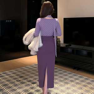 Purple Polka Dot Faux Two Piece Dress Women Autumn Long Sleeve Fitted Waist V Neck Bodycon <b>Skirt</b> Banquet Party Daily Wear - Product Image 4