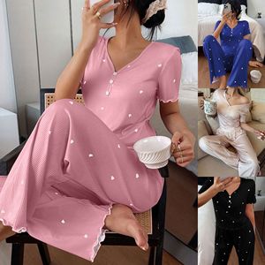 Conjunto de <span class=keywords><strong>pijama</strong></span> acanalado con estampado de corazones para mujer, top de manga corta con botones y cuello en V, pantalones anchos con volantes, ropa informal para estar en casa, tallas S-XL, varios colores - Product Image 2
