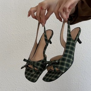 Sandales à talons à carreaux, bout ouvert, talon bas et fin, avec nœud décoratif, bride arrière, à enfiler, élégantes, tendance, pour femmes - Product Image 2