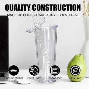 Hot Sale <strong>Mason</strong> <strong>Jar</strong> 24oz Double Wall <strong>Transparent</strong> Clear Drinking Pre Drilled Snow Globe Plastic Cup With Lid and Straw - Product Image 3