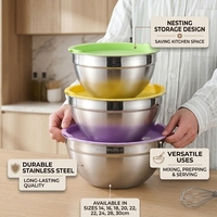 Bol à salade de style américain antidérapant grande capacité avec couvercle, couleur et taille personnalisées, en acier inoxydable 201, bols mélangeurs, bol à salade