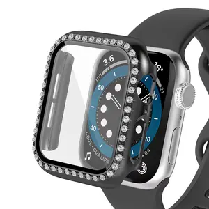 定制标志单钻石封面，带钢化玻璃屏幕保护膜，适用于苹果手表外壳，适用于Iwatch系列7 41毫米45毫米