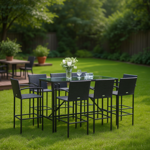 Ensemble de bar de jardin en polyrotin noir avec verre trempé, 6 places, mobilier d'extérieur au design contemporain - Product Image 2